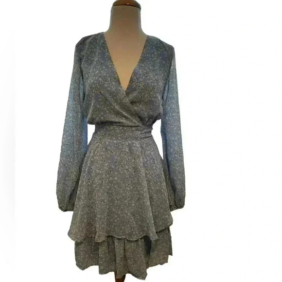 Light Blue with Yellow Floral Japna Long Sleeve Smocked Waist Mini Dress Size L - Picture 7 of 13